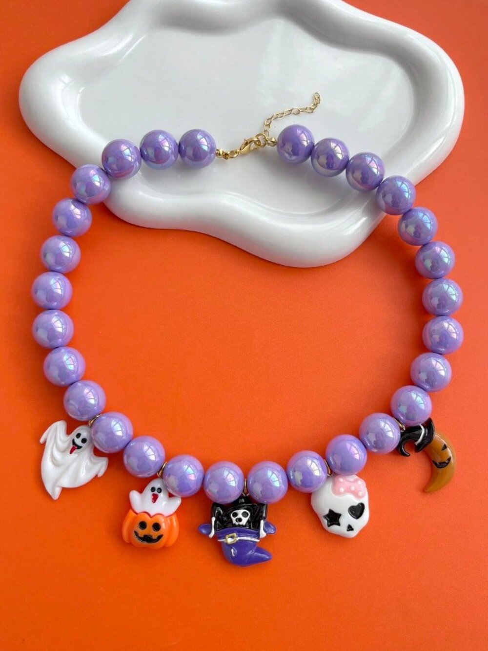 Halloween Gothic Purple Beaded Necklace Ghost Pumpkin Skull Charms